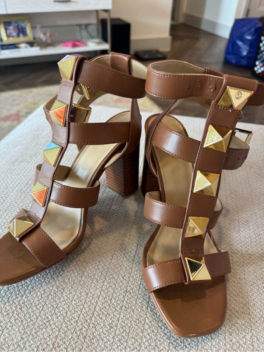 Michael Kors Tan Studded Strappy Block Heel Sandals